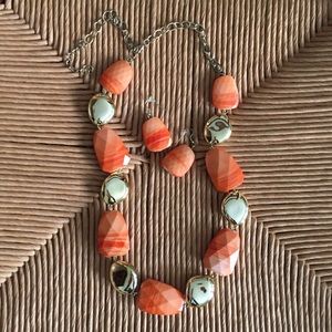 Chunky Orange & Gold Beaded Necklace & Earrings
